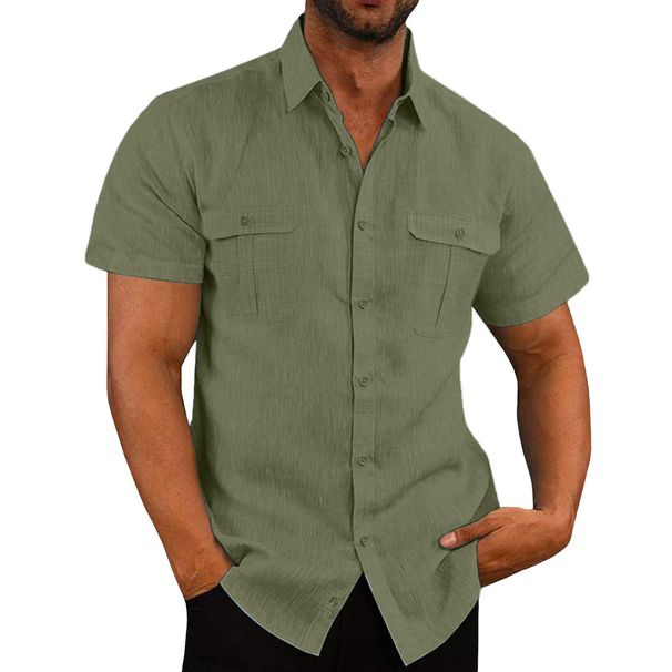 Men's Clothing Shirt Double Pocket Cotton And Linen Short Sleeved Shirt Casual Vacation Shirt 7 Colors_viptrois.com