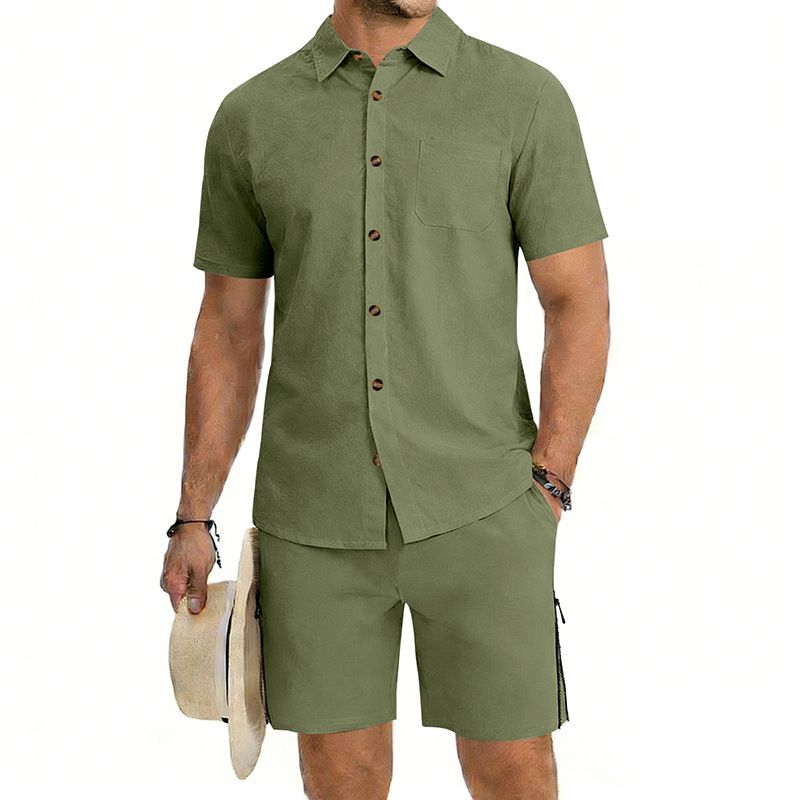 Men's Silk Plain Weave Two Piece Set Short Sleeve Button Down Shirt Drawstring Shorts Summer Beach Vacation Style_viptrois.com