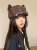 Korean Style Ins Cartoon Cute Cat Ears Pu Leather Octagonal Women Spring And Autumn All-match Face-Slimming Painter Hat_viptrois.com
