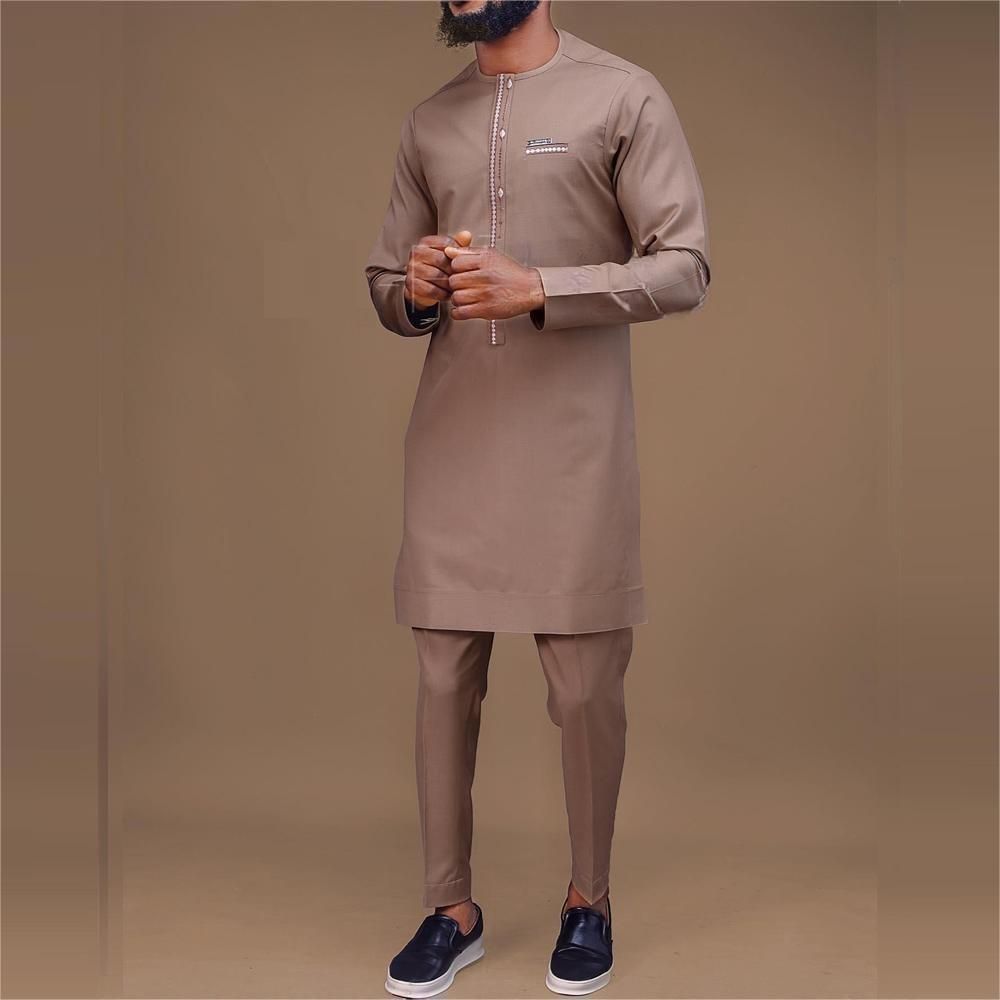 Men's Clothing Elegant Suit Men's Tops And Pants Two Piece Set Solid Color Round Neck Embroidered Long Sleeve Party Club_viptrois.com