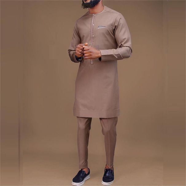 Men's Clothing Elegant Suit Men's Tops And Pants Two Piece Set Solid Color Round Neck Embroidered Long Sleeve Party Club_viptrois.com