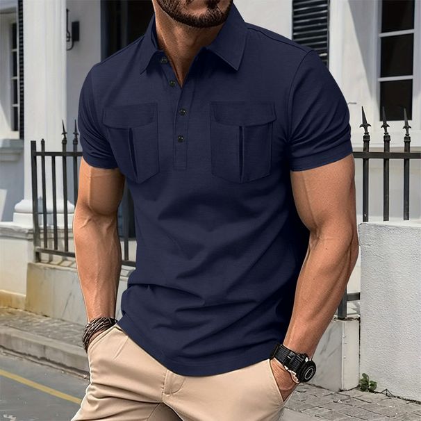 2025 Hombres Simple Nuevo Botón Frontal Largo Solapa Doble Bolsillo Ocio Deportes Color Sólido Manga Corta Moda Cómodo POLO Shi_viptrois.com
