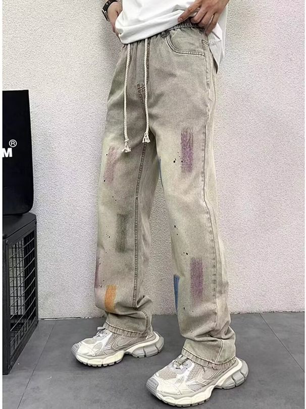 New Autumn Style Splashed Ink Ripped Jeans For Men, American Washed Distressed Loose Straight Leg Denim Pants_viptrois.com