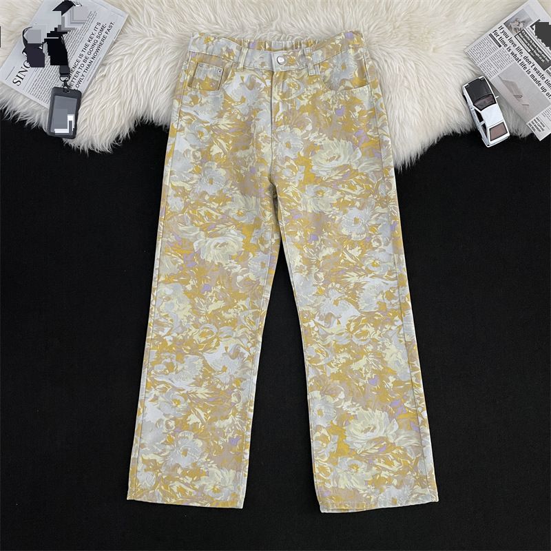Men's Clothing Jeans For Men And Women, Slim Fit, Slightly Flared, Loose, Blurred Floral Yellow Wide Leg Pants_viptrois.com