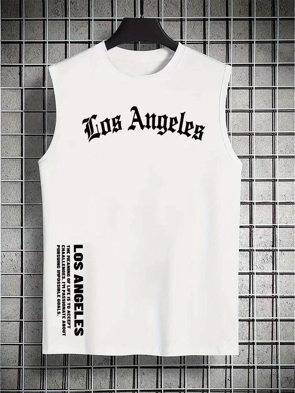 100% Pure Cotton Men's Summer Casual Sports Fitness Loose Los Angeles Letter Pattern Printed Breathable Round Neck Sleeveless Vest_viptrois.com