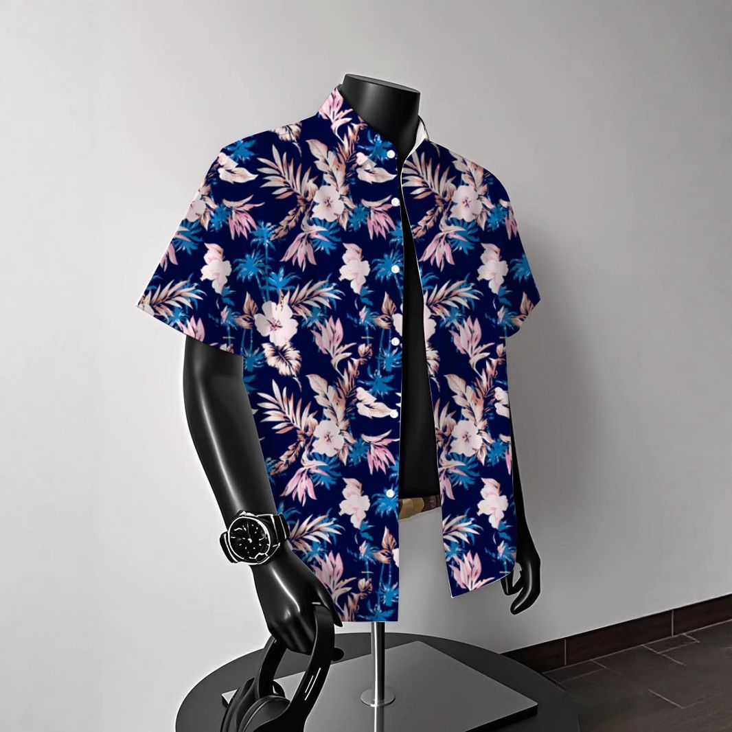 New 2026 Ice Silk Beach Flower Shirt Short Sleeve Men's Summer Beach Vacation Men's Clothing_viptrois.com