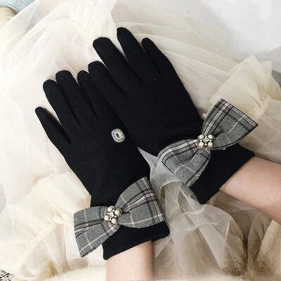 2020 Autumn/Winter New Split Finger Cookie British Pattern Bow Style Wool Cashmere Gloves for Women_viptrois.com