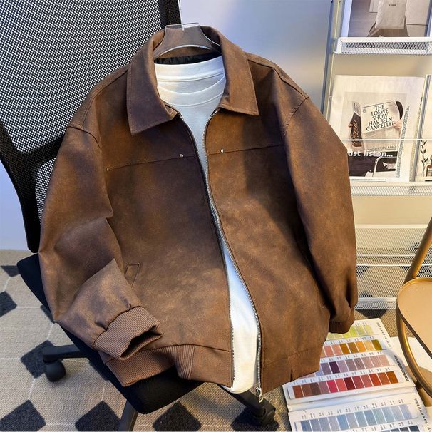 Men's Vintage Style PU Leather Jacket - Windproof Casual Hooded Coat With Zipper Closure, Slim Fit For Spring & Autumn (Grey, Brown, Pink)_viptrois.com
