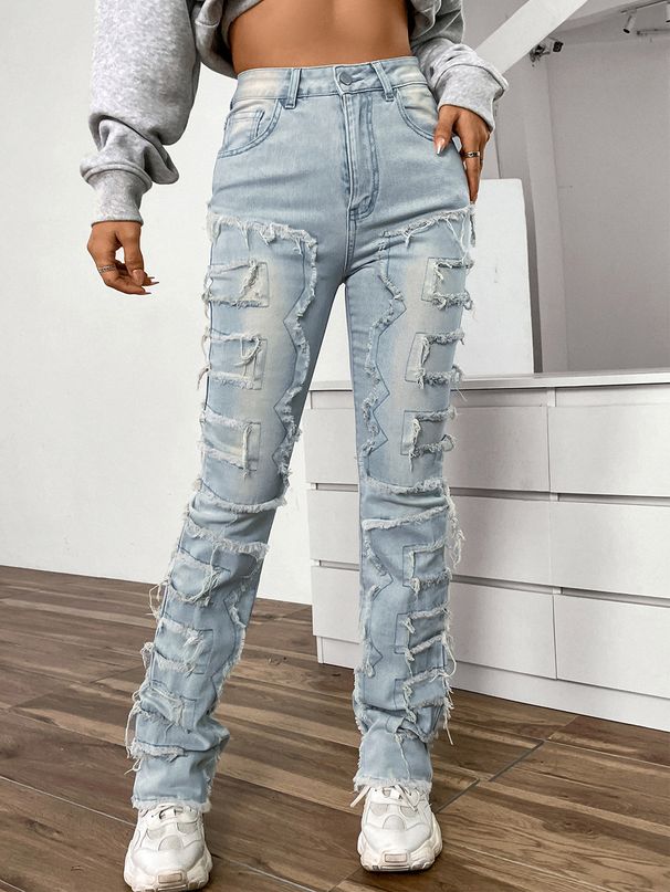 Women's Embroidered Pants European And American Fashion Ins Hot Elastic Patch Layered Straight Denim For Women_viptrois.com