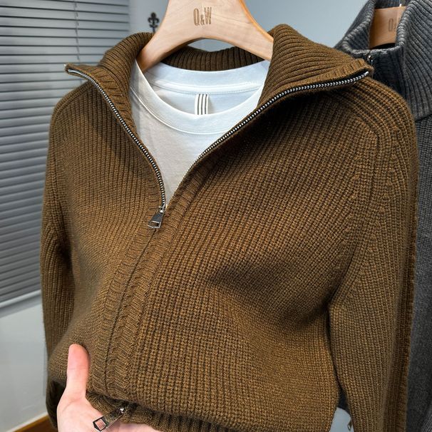 Men’s Double-Zip Knit Cardigan – Reversible High Neck Thickened Pullover (M-XXXL, Beige/Grey/Black/Brown)_viptrois.com