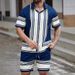 Men's Casual Striped Digital Print Suit Short Sleeve Shirt And Beach Shorts Set Style_viptrois.com