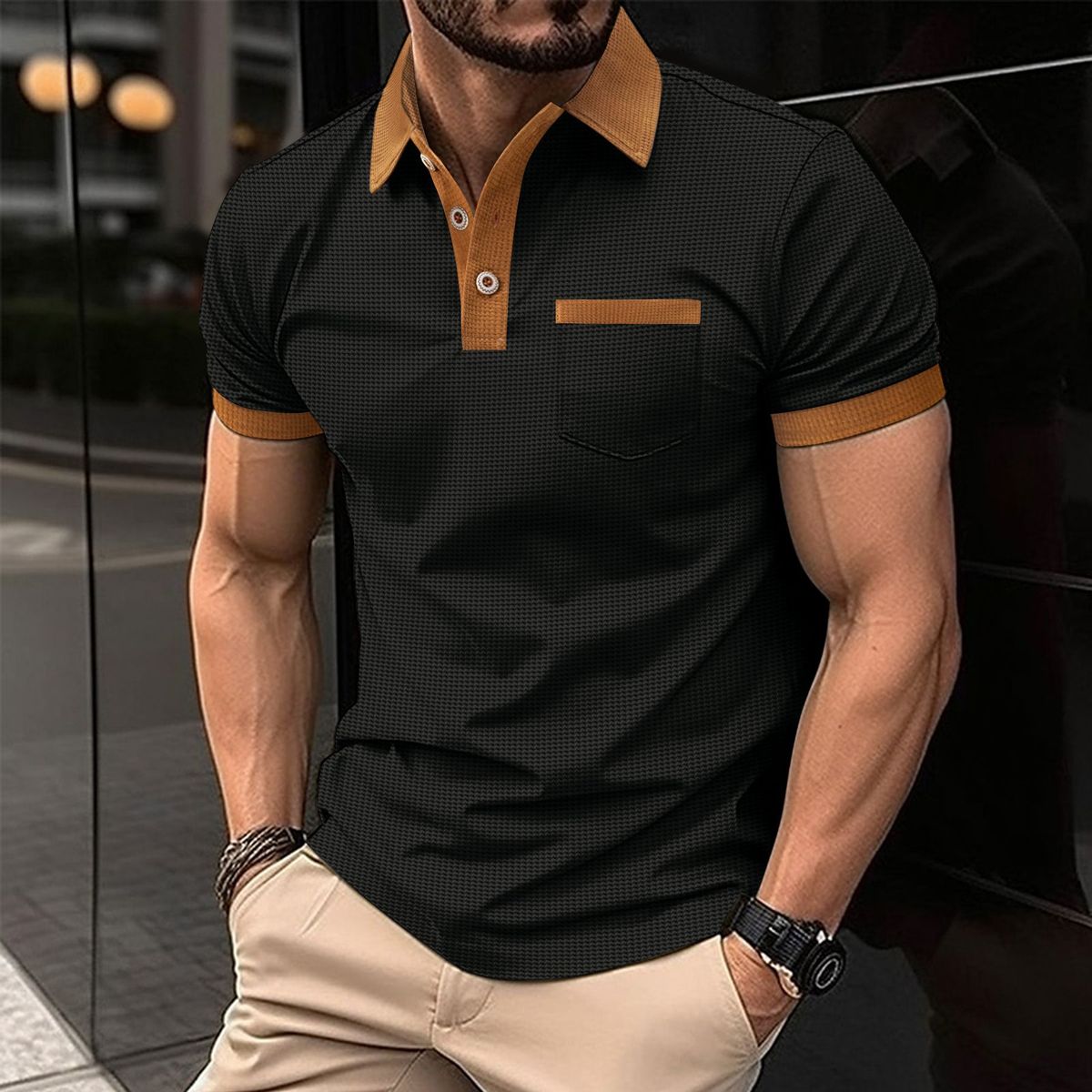 Men Waffle T Shirt Short Sleeve Button Top Casual Tee Lapel Neck Shirt Summer Men's Tee Hombre Fashion Customs_viptrois.com