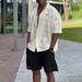 Men's Spring/Summer Openwork Design Collared Button Shirt Loose Casual Shorts Suit_viptrois.com