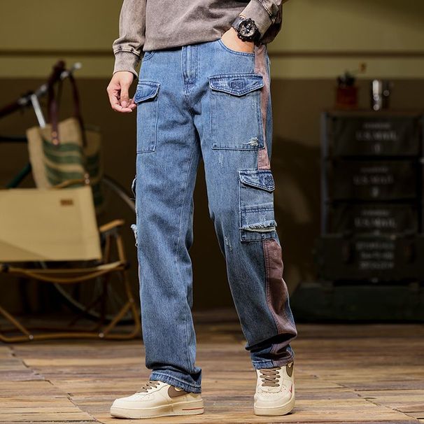 Contrasting Striped Jeans Men's Retro Loose Straight Pants American Multi-Pocket Tooling Version_viptrois.com