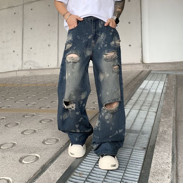 Men's Clothing Summer Street Retro Washed Knife Cut Ripped Jeans Unisex High Street Flared Slimming Floor Mopping Pants_viptrois.com