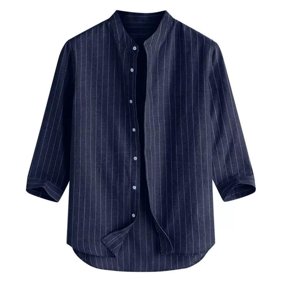 Men's Clothing Linen Shirt Stand Collar Cardigan Loose Casual Breathable Linen Shirt Youth Three Quarter Sleeve Tops_viptrois.com