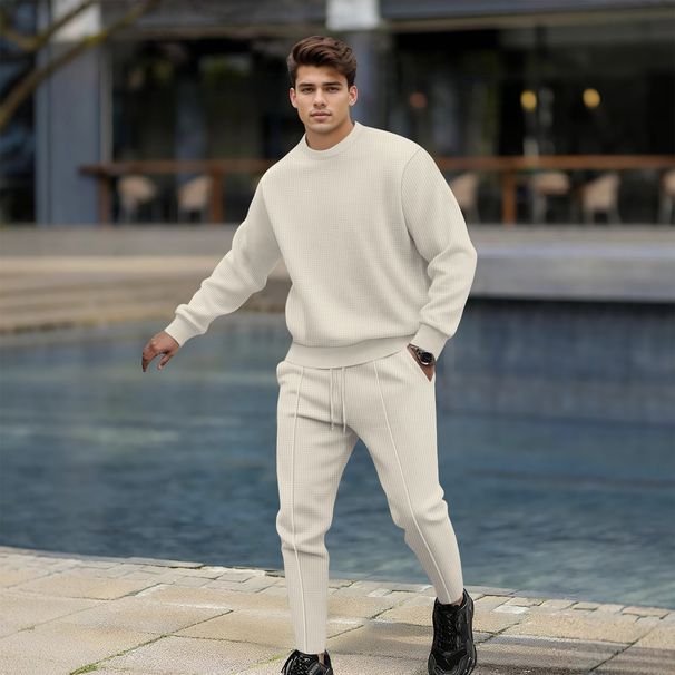 Streetwear Waffle Knit Tracksuit Set - Long Sleeve Tee & Pants, Unisex Casual Outfit For Men & Women (White, Grey, Black, Khaki)_viptrois.com