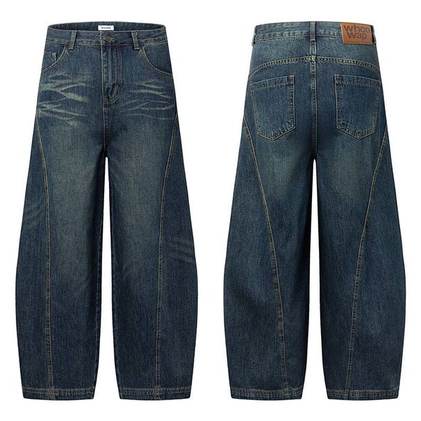 Men's Clothing Loose Retro Distressed Long Trousers Washed Crease Nostalgic Dark Blue Leather Brand Jeans_viptrois.com