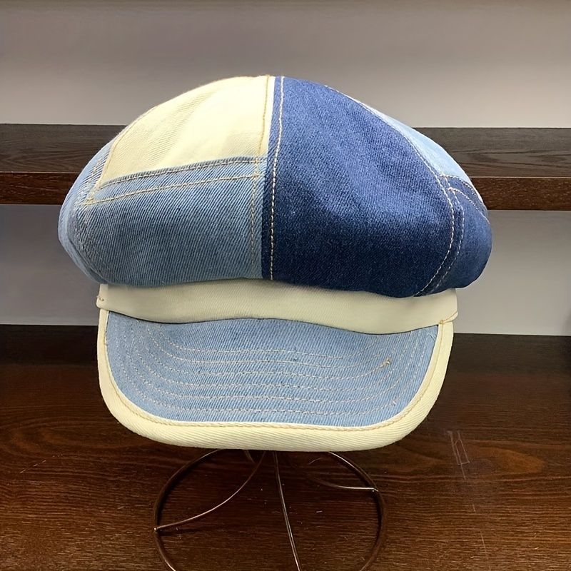 Blue Denim Spliced Classic 8 Panel Newsboy Cabbie Suitable For Both Men And Women Octagonal Hat_viptrois.com