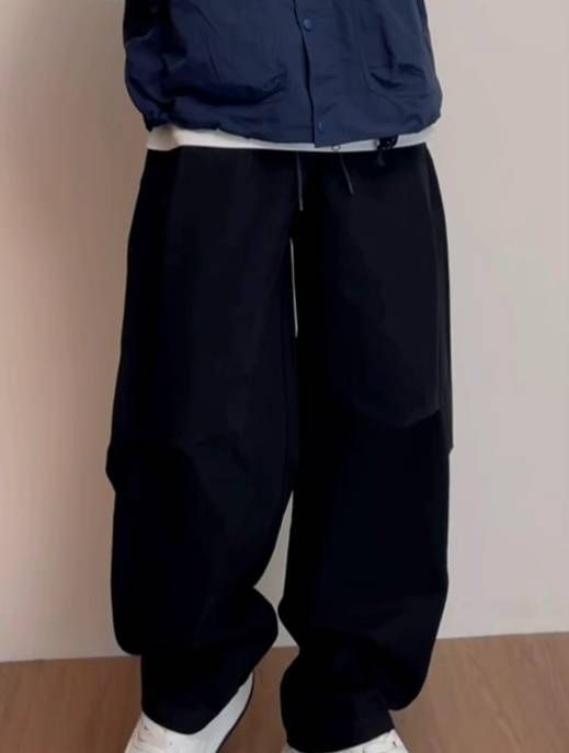 Men's Clothing Cotton Cargo Pants, Curved Sash Pants, High Street Plus Size Elastic Waist Straight Leg Pants, Japanese Style Autumn Casual Pants_viptrois.com