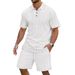 Men's Clothing Solid Jacquard Short Sleeve Shirt & Shorts Set - Breathable Casual Outfit For Business & Leisure (Blue/Khaki/Grey/Black/White, S-XXXL)_viptrois.com