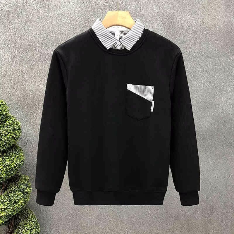 Men's Trendy Brand Faux Two Piece Striped Patchwork Collar Sweatshirt Casual Innerwear Top For Spring And Autumn_viptrois.com