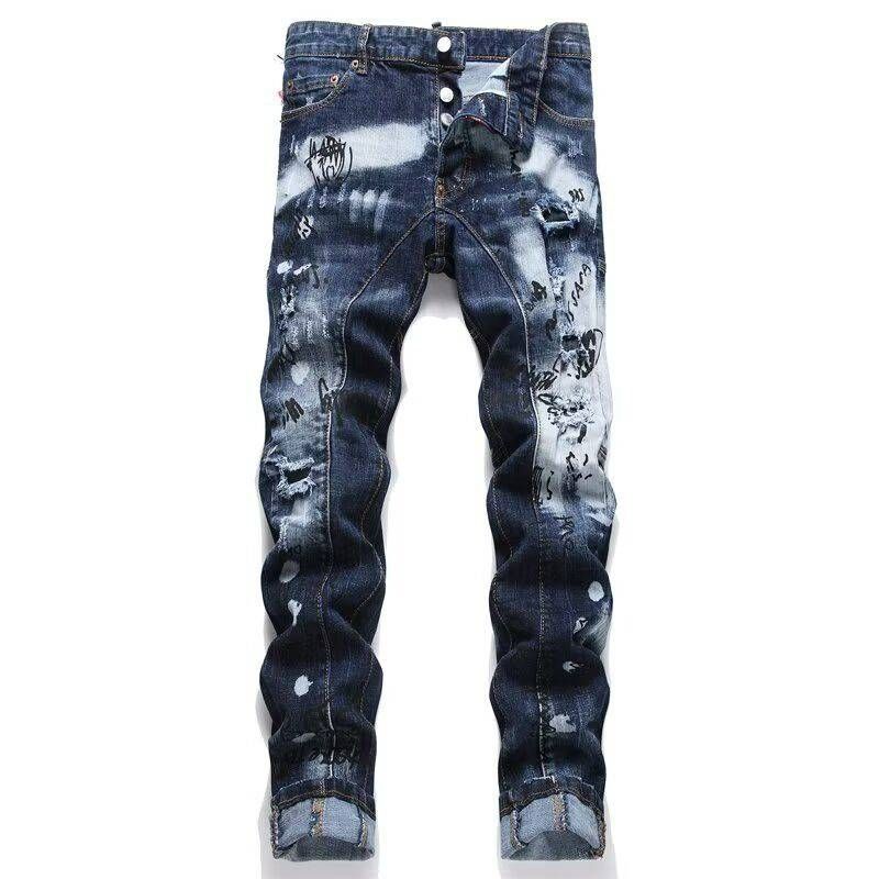 Men's Clothing Dark Coating Wax Brush One Knife Cut Erosion High Street Casual Hole Jeans_viptrois.com