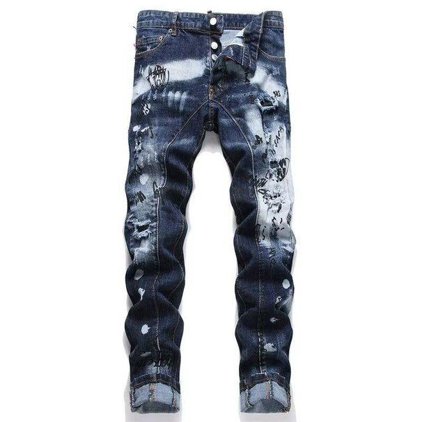 Men's Clothing Dark Coating Wax Brush One Knife Cut Erosion High Street Casual Hole Jeans_viptrois.com