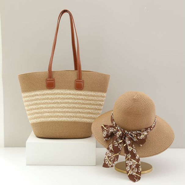 Women's Hats Single Shoulder Straw Bag New Style Women's Large Capacity Striped Straw Bag Woven Bag Holiday Beach Bag Two Piece Set Straw Hat_viptrois.com