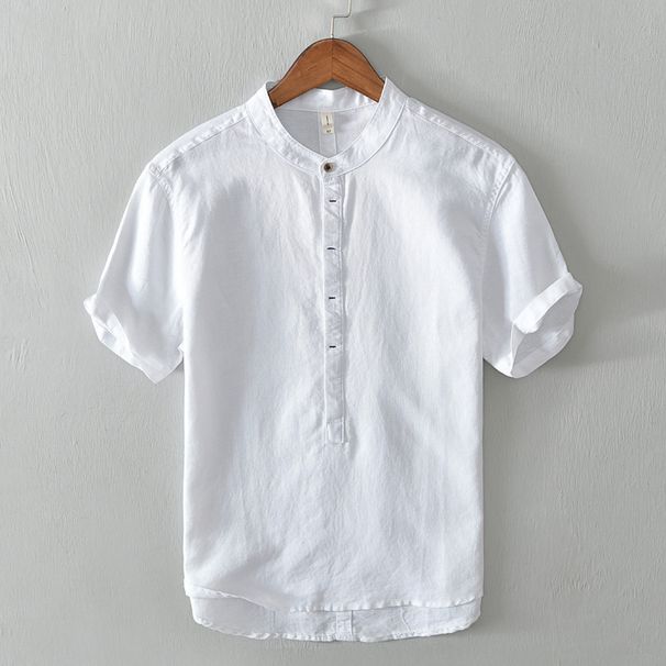 L959 3306 Top Casual Korean Version Slim Fit Solid Color Stand Up Collar Pullover Cotton Linen Shirt Men's_viptrois.com