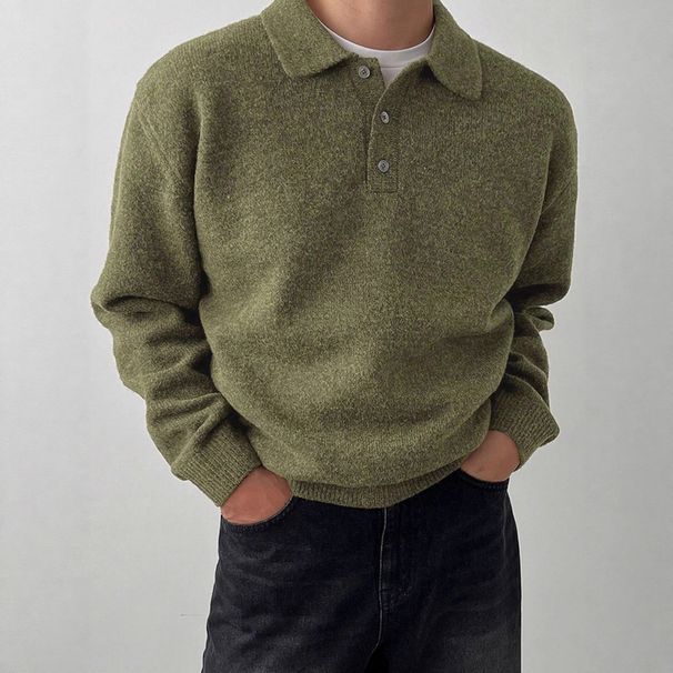Men’s Polo Neck Sweater – Thick Knit Pullover With Ribbed Hem (Light Gray, Black, Coffee, Dark Gray, Tan, Olive Green)_viptrois.com