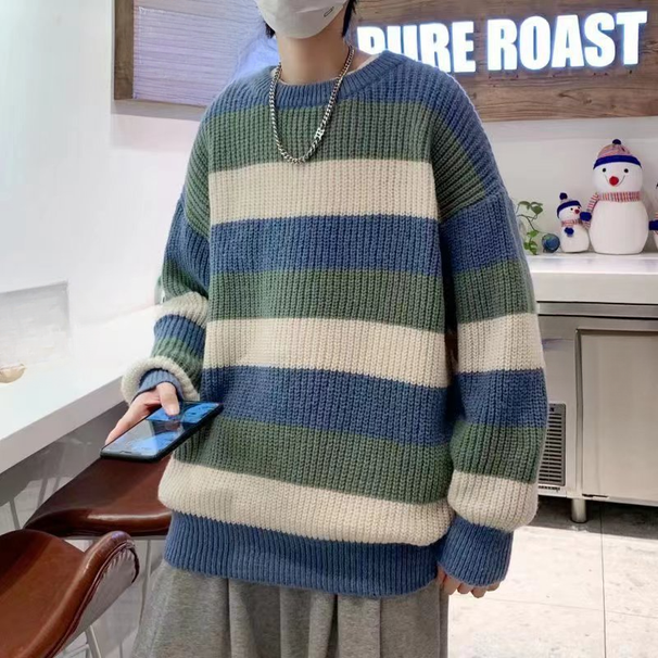 Round neck sweater for men, autumn and winter vintage loose horizontal stripe thick thread knitted sweater, winter top for men_viptrois.com