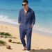 Breathable Linen Blend Shirt And Pants Set For Men Relaxed Fit Casual Linen Outfit Comfortable Long Sleeve Shirt With Turn-Down Collar_viptrois.com