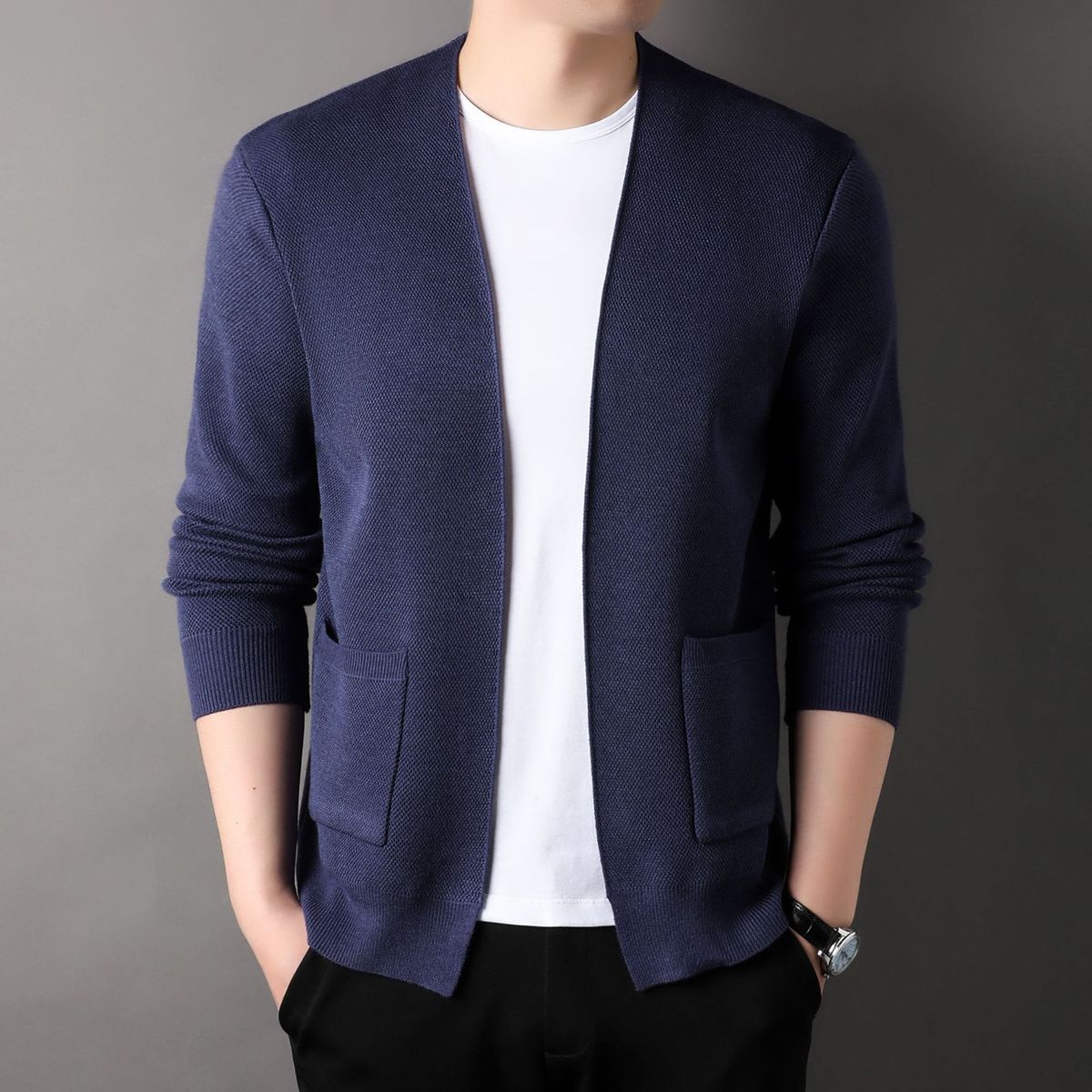 Loom European And American Cross-Border Clothing 2024 Casual Solid Color Knitted Jacket Long Sleeve V-Neck Men's Cardigan_viptrois.com