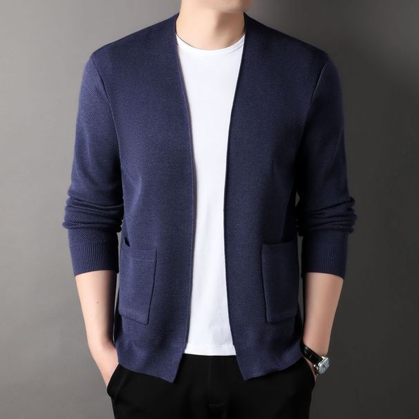 Loom European And American Cross-Border Clothing 2024 Casual Solid Color Knitted Jacket Long Sleeve V-Neck Men's Cardigan_viptrois.com