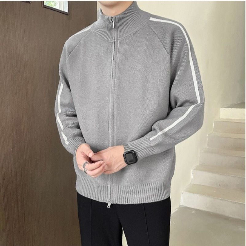 Stand Up Collar Cardigan Sweater, Fashionable Zipper Knit Sweater, Outerwear, Sweater, Thread Sweater_viptrois.com