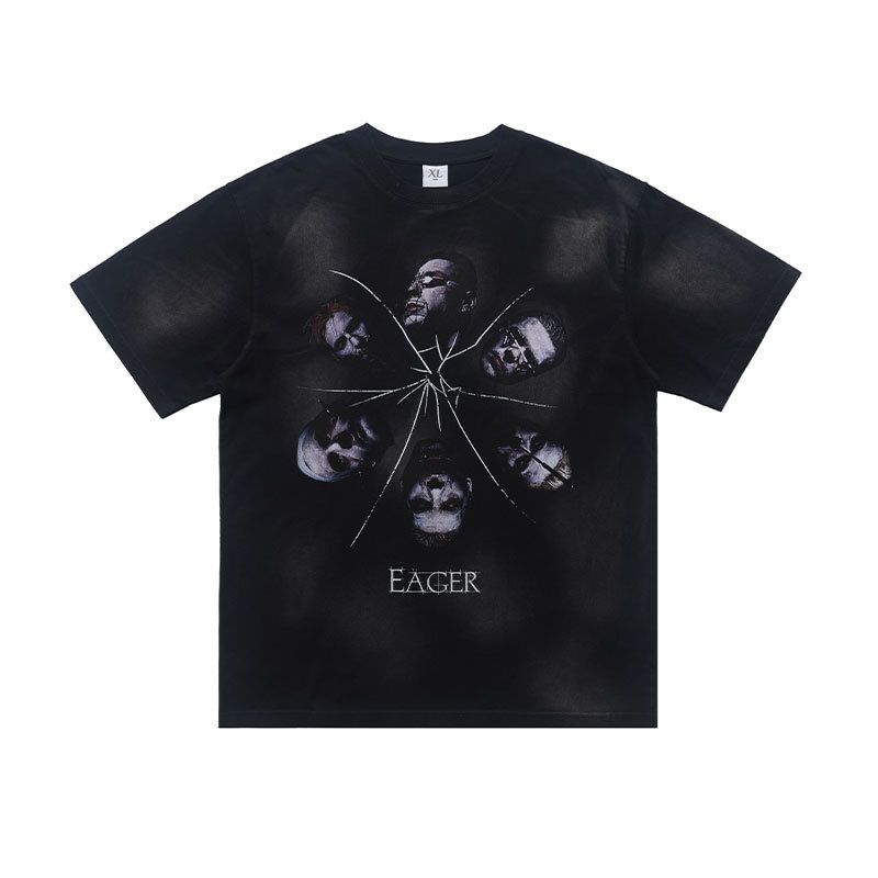 American Street Style Spray-painted Pure Cotton Vintage Print Men's Loose Casual Short-sleeve Shirt_viptrois.com