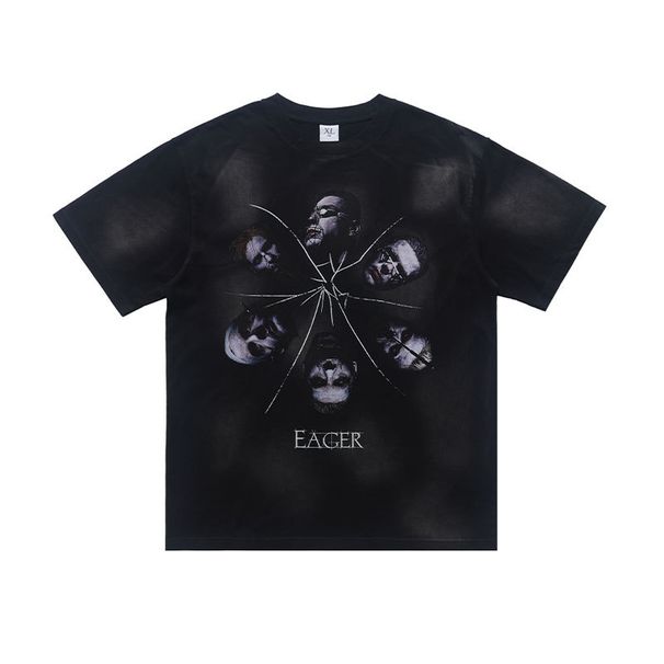 American Street Style Spray-painted Pure Cotton Vintage Print Men's Loose Casual Short-sleeve Shirt_viptrois.com