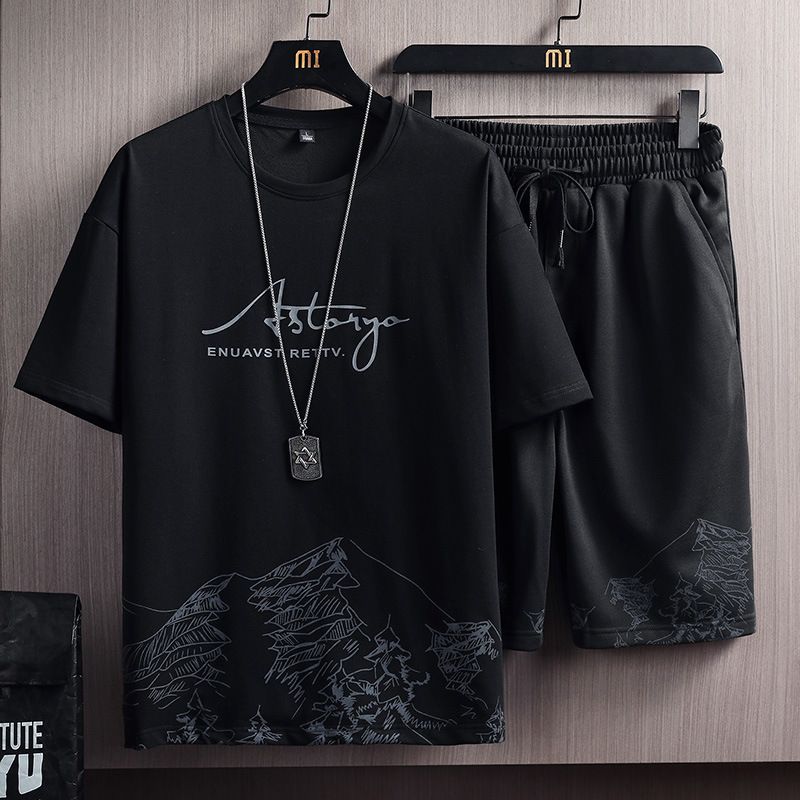 Men's Clothing T-shirt Suit Men's Summer New Snow Mountain Print Fashion Trend Korean Version Of Slim Fit Large Size Sports Two-piece Set_viptrois.com