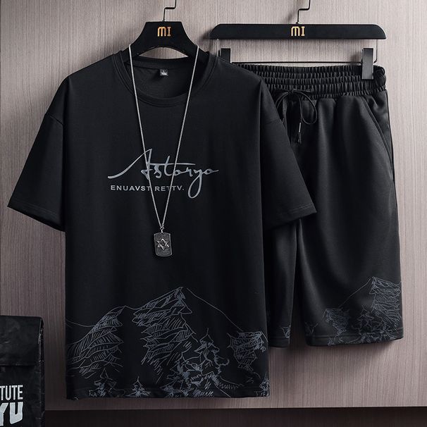 Men's Clothing T-shirt Suit Men's Summer New Snow Mountain Print Fashion Trend Korean Version Of Slim Fit Large Size Sports Two-piece Set_viptrois.com