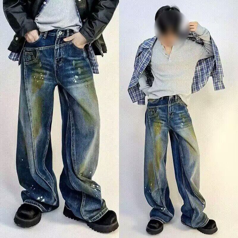 Men's Clothing Retro Deconstructed Distressed Ink Straight Jeans_viptrois.com