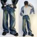 Men's Clothing Retro Deconstructed Distressed Ink Straight Jeans_viptrois.com