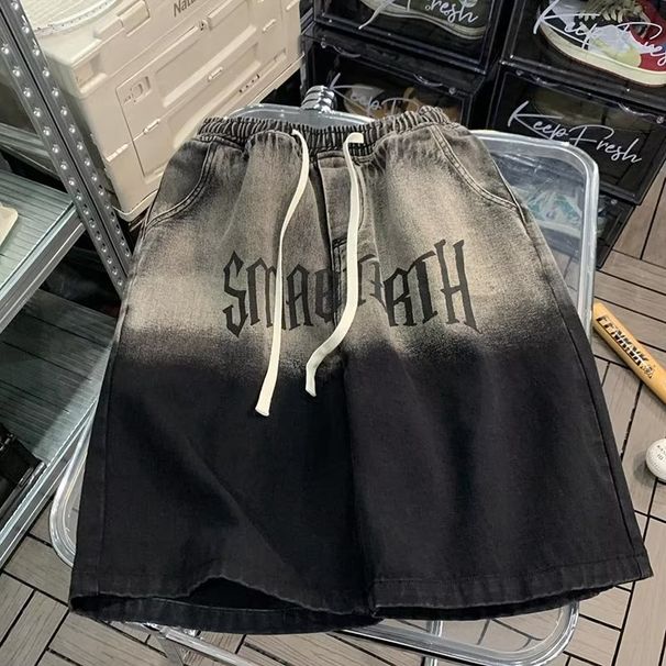 Men's Brown Gradient Drawstring Denim Shorts High Street Trendy Mid Length Retro Loose Straight Leg Unique Youthful Style_viptrois.com
