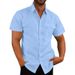 Men's Clothing Short Sleeved Shirt Solid Color Patch Pocket Cardigan Loose Lapel Linen Shirt_viptrois.com