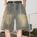 Men's Clothing Retro Raw Edge Tassel Stitching Distressed Denim Shorts Men's Summer Trendy High Street Washed Loose Shorts_viptrois.com