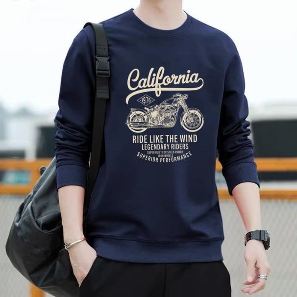 Autumn Winter Thickened Fleece-lined Loose Men's Sweatshirt, Urban Travel Style, Printed Patchwork, Hoodless, Versatile_viptrois.com