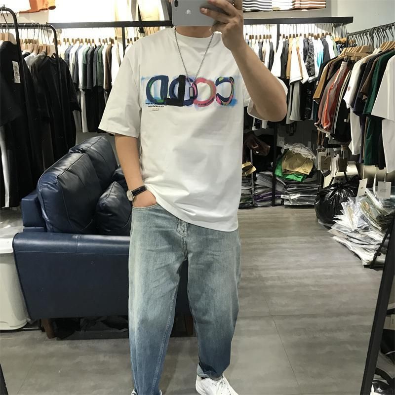 Colorful Letter Printed Embroidered Round Neck Short T-shirt For Men, Summer American Casual, Loose And Handsome, Half_viptrois.com