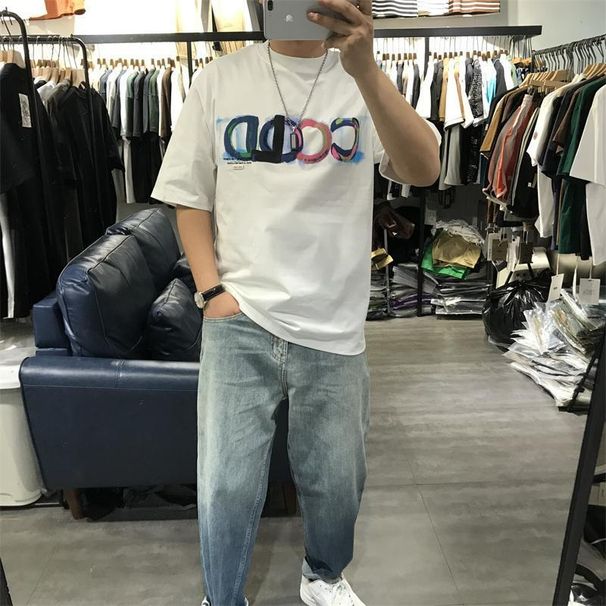 Colorful Letter Printed Embroidered Round Neck Short T-shirt For Men, Summer American Casual, Loose And Handsome, Half_viptrois.com