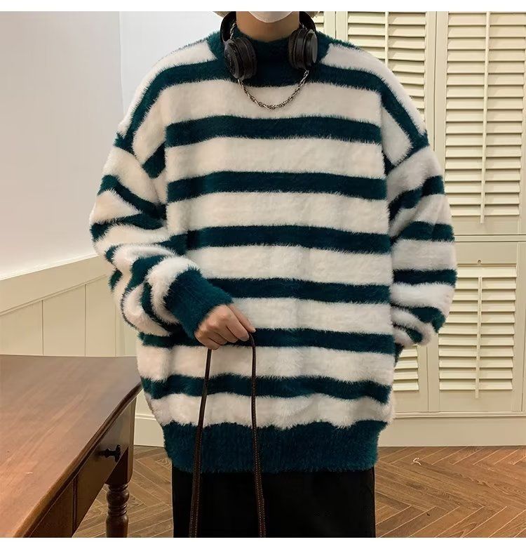 New versatile and simple striped semi high neck sweater for men in autumn and winter, thick inner knit sweater_viptrois.com
