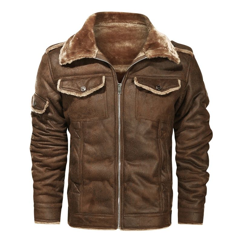 Loom Men's Fleece-Lined Sheepskin Plus Size Leather Coat Warm Motorcycle Thickened Casual Export Jacket European And American_viptrois.com